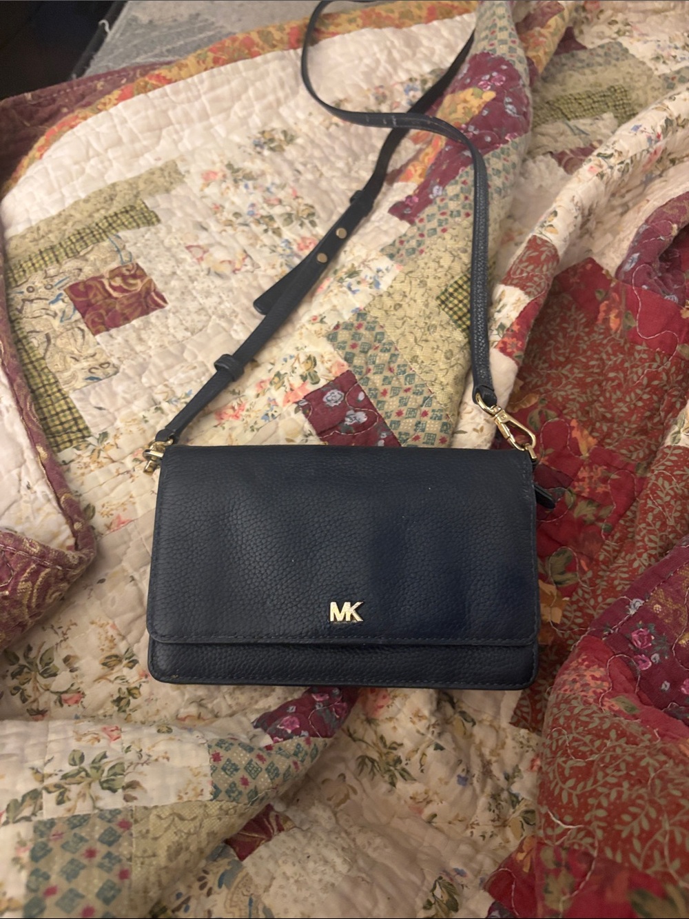 Michael Kors Dark Navy Pebbled Leather Crossbody with Gold Logo